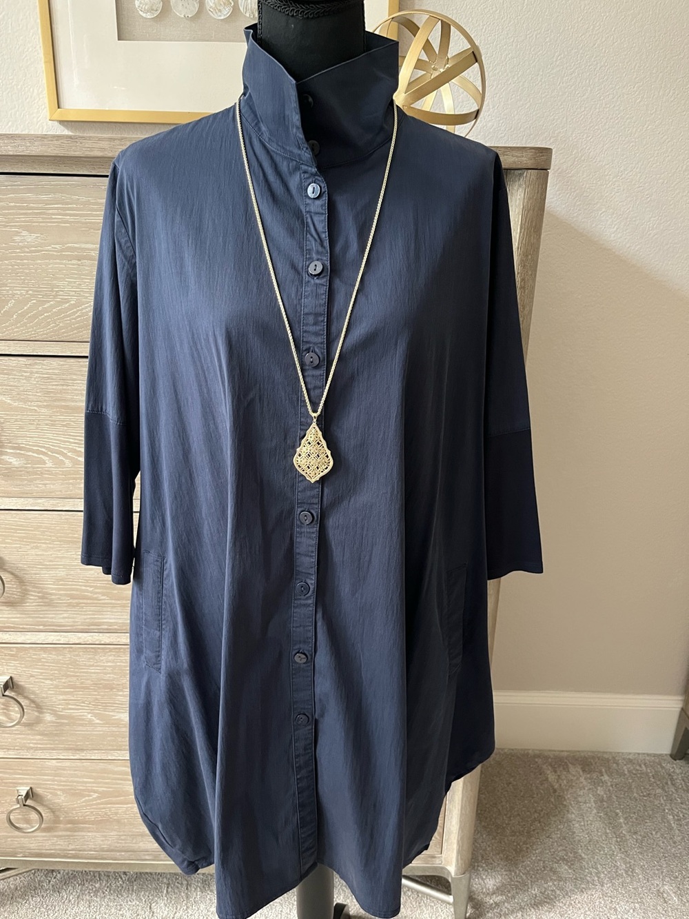 Stella Carakasi Oversized High Low Shirt Tunic ALine Smock Navy Blue Pockets Lg